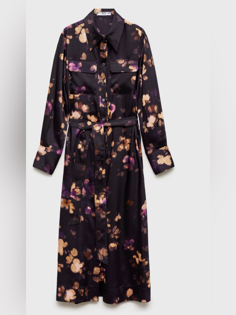 Mango Black Satin Floral Shirt Dress with Purple and Beige Accents